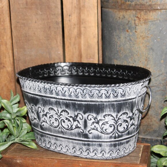 NEW Ornate Black & White French Country Gothic Halloween Metal Bucket w/Handles - Picture 5 of 9
